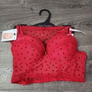 Women's lace heart print bra + panties set 34B & S NWT
